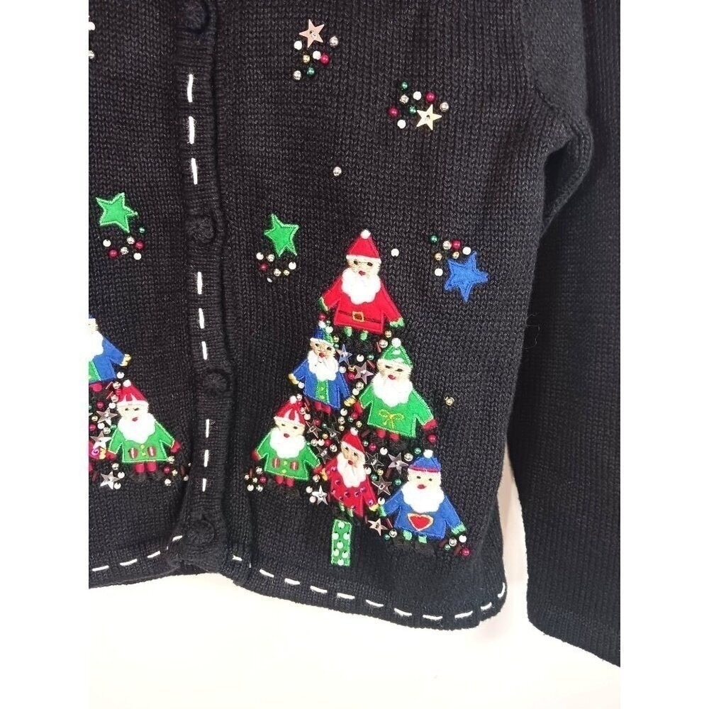 Girls Medium Ugly Christmas Sweater Cardigan Beaded Sequin Santa Holiday - Picture 2 of 5